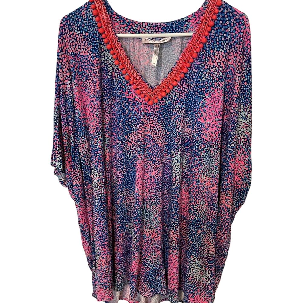 Nanette Lepore vneck accent Blue and Pink Beaded swim cover up Tunic medium